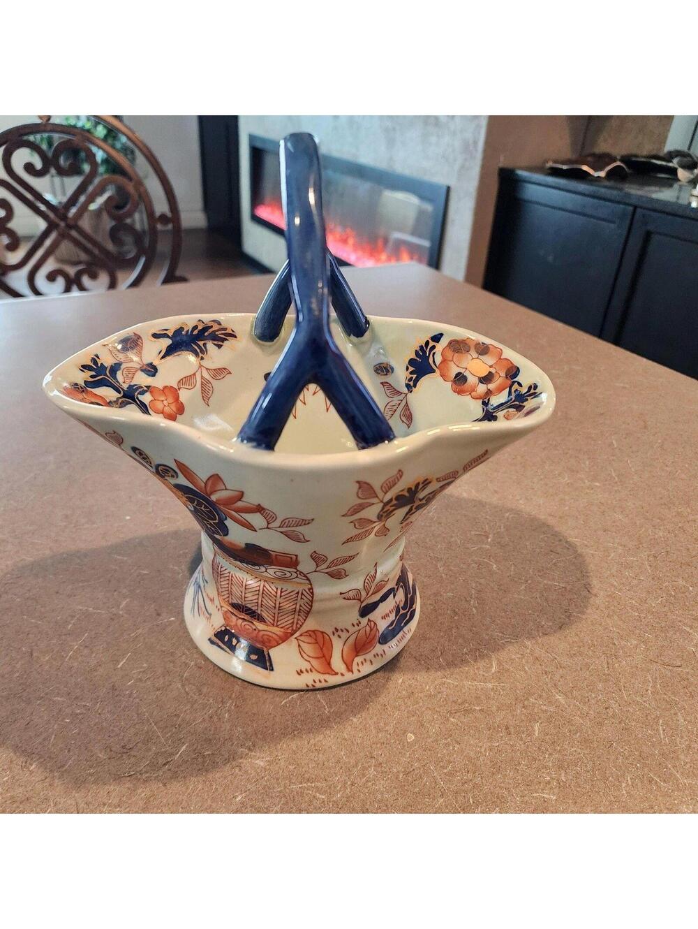 Vintage Ironstone Floral Centerpiece Bowl Basket Vase Blue White 7" Handled